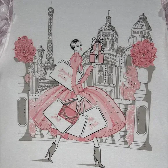 Love and Lace Women’s Size M‎ Parisian Graphic T-Shirt Pink Puff Organza Sleeves - Picture 4 of 14